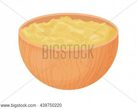 Ghee In Wooden Bowl. Asia Traditional Butter In Cartoon Style. Food Ingredient For Cooking.
