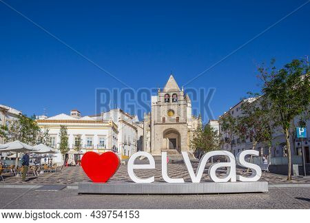Elvas, Portugal - October 22, 2021: City Name In Large Letters On The Market Square In Elvas, Portug