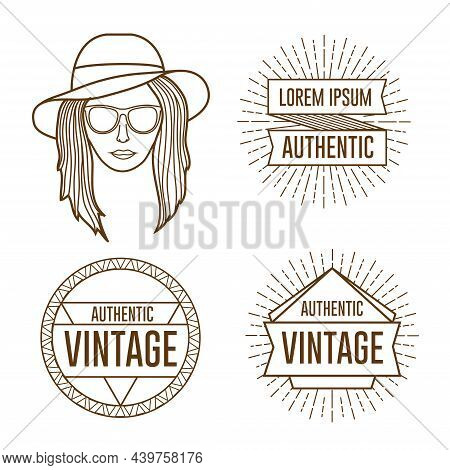 Linear Hipster Beach Girl Face With Logos And Badges