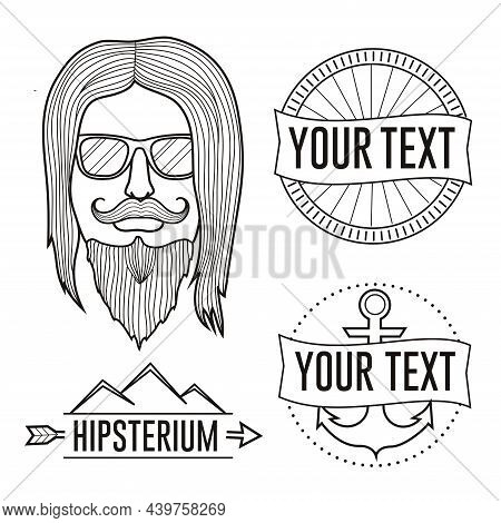 Linear Hipster Man With Sunglasses And Logos Badges