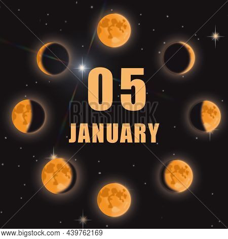 January 5. 5th Day Of Month, Calendar Date.phases Of Moon On Black Isolated Background. Cycle From N