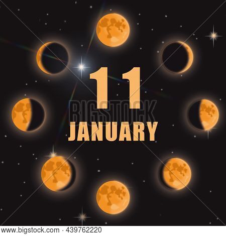 January 11. 11th Day Of Month, Calendar Date.phases Of Moon On Black Isolated Background. Cycle From