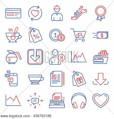 Line Icons Set. Included Icon As Escalator, Headphones, Burger Signs. Tea Cup, Communication, Money 