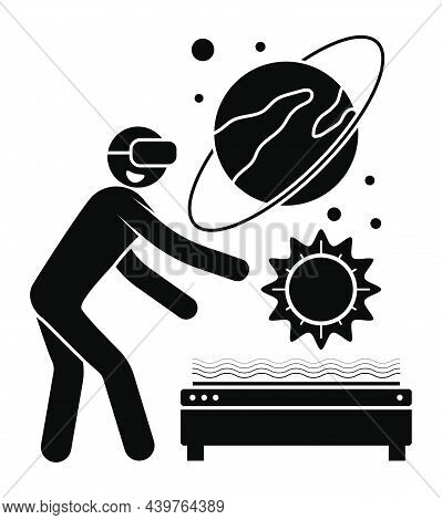 Stick Man Figure, Student, Scientist In Virtual Reality Glasses Looks At Solar System. High Technolo