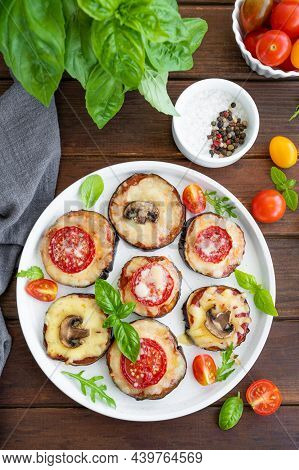 Eggplant Pizza With Tomatoes Sauce, Mozzarella, Mushrooms And Fresh Basil. Vegetarian Dish. Selectiv