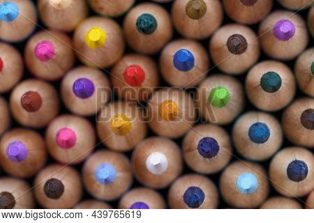 Close-up Of Big Assortment Of Colourful Pencils Tips Placed Tailgating. Sharp Tips Of Crayons, Ready