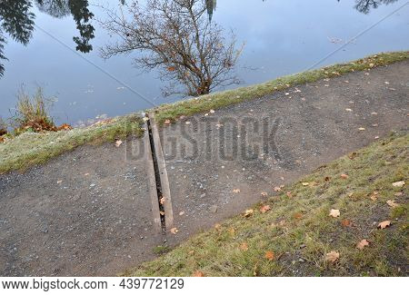 Drainage Of The Threshing Floor In The Forest Beige Color Transverse Wooden Gutter Drain The Water I