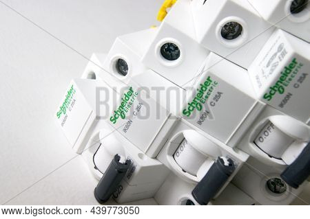 Kharkov, Ukraine - October 08, 2020 : Schneider Electric Circuit Breakers On White Background. Schne