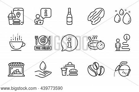 Food And Drink Icons Set. Included Icon As Coffee Cup, Water Drop, Market Signs. Coffee Pot, Pecan N