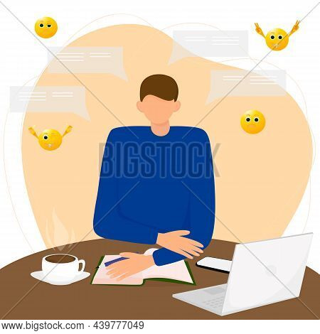 Concept Of The Office And The Emotions Of Work. A Person Working Sitting At A Desk With A Laptop And