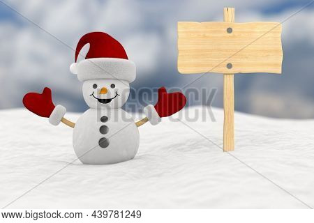 snowman into snowdrift and wooden banner. 3D illustration