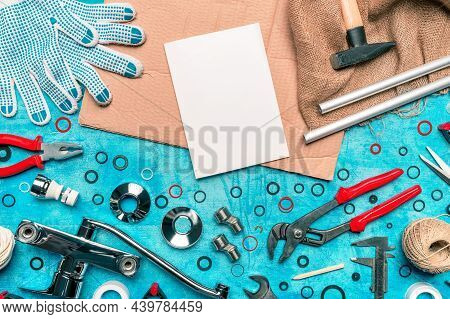 Plumbing Tools And Blank Notebook Mock Up, Top View Flat Lay