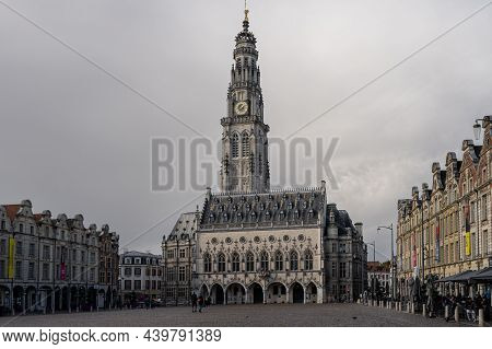 Arras, France - November 4, 2021: Town Square Of Arras, France. Unesco World Heritage Site, The Belf