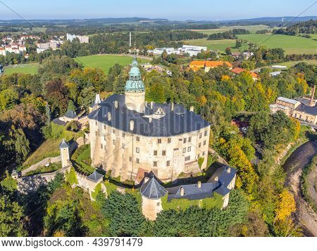Chateau And Castle Frydlant On Sunny Autumn Day. Frydlant V Cechach, Czech Republic. Aerial View Fro