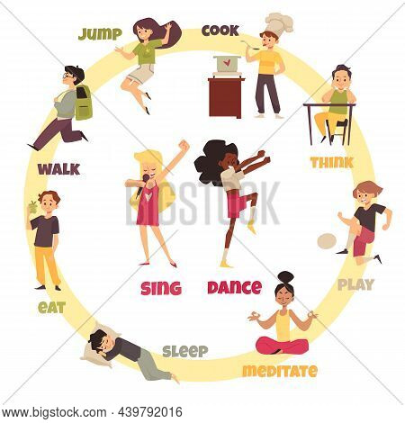 Table Sheet Of English Verbs With Children, Flat Vector Illustration Isolated.