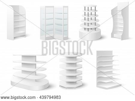 White Empty Showcase Display Mockup Set, Vector Illustration. Retail Display Stand, Rack, Glass Case