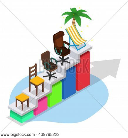 Business Career Growth, Vector Isometric Illustration. Ladder With Tabouret, Boss Chair And Chaise L