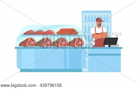 Meat Store, Farm Food Market. Supermarket, Grocery Store Meat Section. Butchers Shop, Vector Illustr