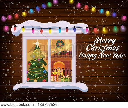 Merry Chrismas, Window, Night, Decoraions Garland Retro, Living Room Christmas Tree. Xmas And New Ye