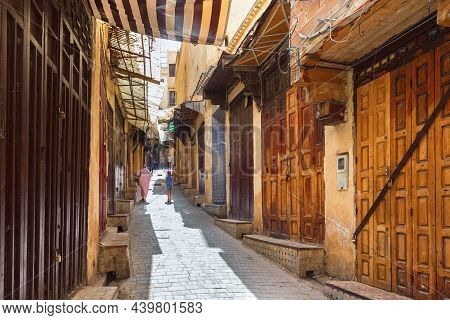 Fez, Morocco - June 02, 2017: View Of The Old Historic Streets In The Fez El Bali Medina. Is The Old