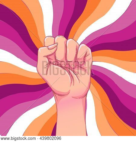 Lesbian Community Poster Design. Striped Fist Rased Up. Gay Pride. Lgbtq Concept. Isolated Vector Co