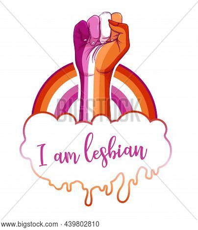 Lesbian Community Poster Design. Striped Fist Rased Up. Gay Pride. Lgbtq Concept. Isolated Vector Co