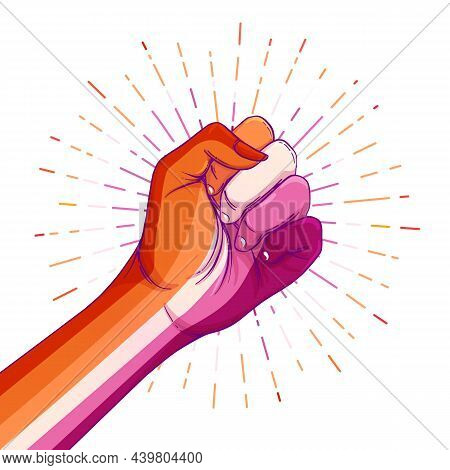 Lesbian Community Poster Design. Striped Fist Rased Up. Gay Pride. Lgbtq Concept. Isolated Vector Co