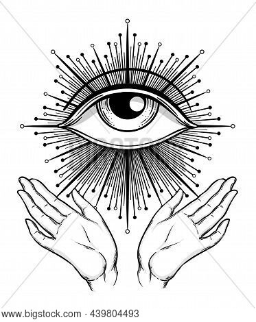 Blackwork Tattoo Flash. Eye Of Providence. Masonic Symbol. All Seeing Eye Inside Triangle Pyramid. I
