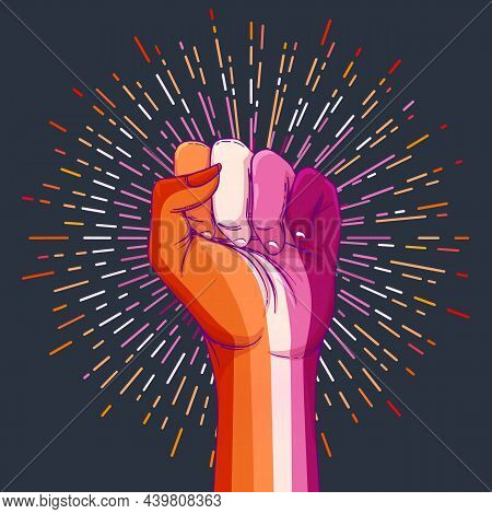 Lesbian Community Poster Design. Striped Fist Rased Up. Gay Pride. Lgbtq Concept. Isolated Vector Co