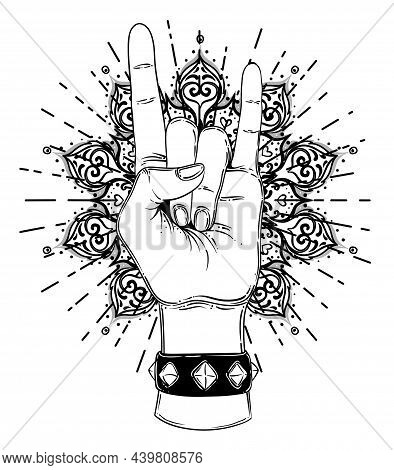 Rock And Roll Sign. Hand Drawn Illustration Of Human Hand Showing Sign Of The Horns.