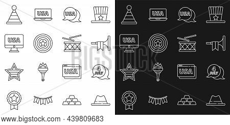 Set Line Man Hat With Ribbon, Usa Independence Day, Trumpet, Label, American Star Shield, Monitor, P