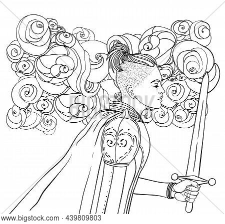 Portrait Of Beautiful Girl With A Sword. Female Knight In Armour. Vector Illustration. Medieval Aest