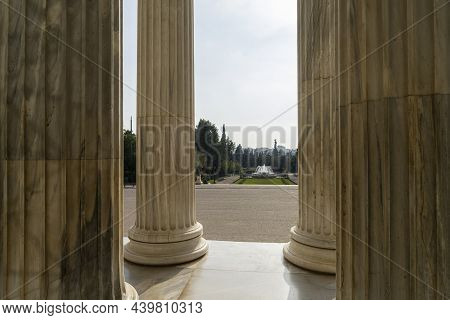 Athens, Greece. November 2021.  View Through The Colonnade Of The Zappeion Building In The City Cent