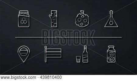 Set Line Jar Of Honey, Location Russia, Balalaika, Bottle Vodka With Glass, National Flag, Birch Tre