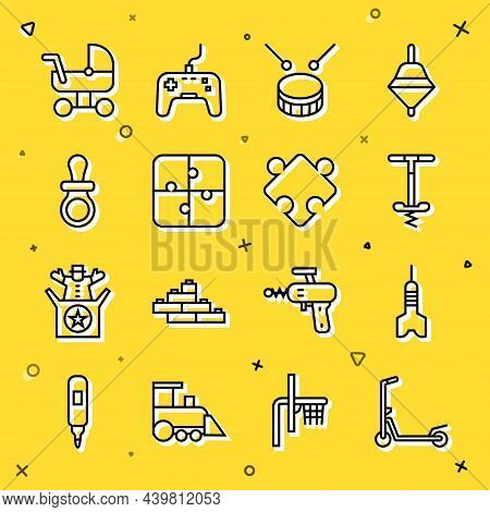 Set Line Scooter, Dart Arrow, Pogo Stick Jumping Toy, Drum With Drum Sticks, Puzzle Pieces, Baby Dum