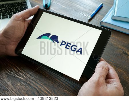 Kyiv, Ukraine - October 20, 2021. Logo Of Pegasystems Or Pega Company On The Screen.