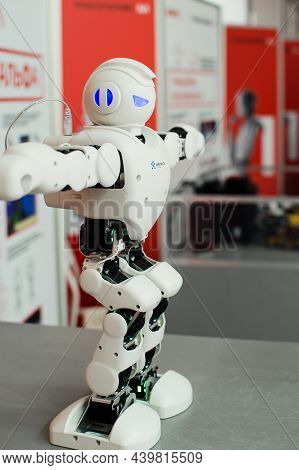 Saratov, Russia- April 22, 2021: Exhibition Of Robots In Saratov From The Mts Company. White Robot, 