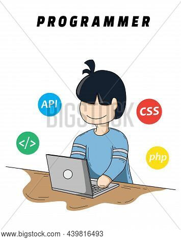 The Illustration Of Programmer Use A Laptop To Develop Software, Website, Or Mobile App