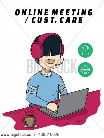 Vector Illustration Of Online Meeting Or Customer Care Services