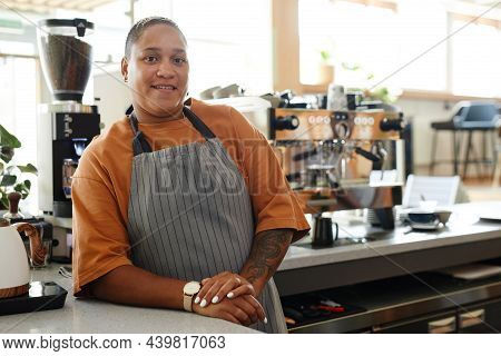 Portrait Of Joyful Young Adult African American Woman Wearing Apron Standing At Cafe Counter Against
