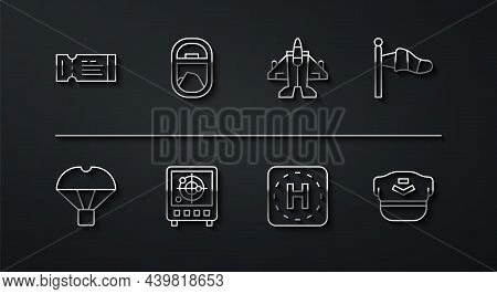 Set Line Airline Ticket, Box Flying On Parachute, Cone Meteorology Windsock, Helicopter Landing Pad,