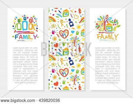 Bright Family Vertical Card Or Banner With Abstract Parent And Kid With Heart And Home Element Hand 