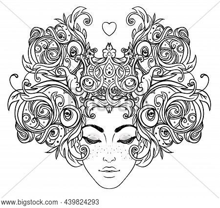 Tribal Fusion Boho Diva. Beautiful Asian Divine Girl With Ornate Crown, Kokoshnik Inspired. Bohemian