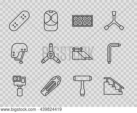 Set Line Action Camera, Skateboard Stairs With Rail, Wheel, Deck, Y-tool, T And Tool Allen Keys Icon