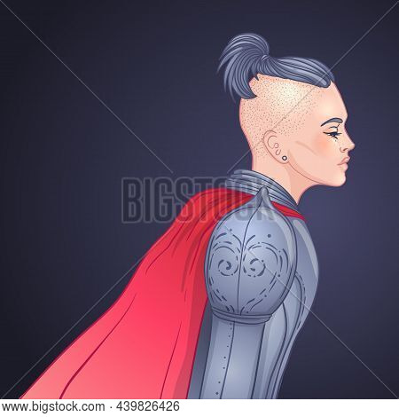 Portrait Of Beautiful Girl With A Sword. Female Knight In Armour. Vector Illustration. Medieval Aest
