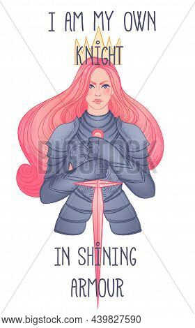 .portrait Of Beautiful Girl With A Sword. Female Knight In Armour. Vector Illustration. Medieval Aes