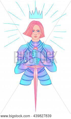 .portrait Of Beautiful Girl With A Sword. Female Knight In Armour. Vector Illustration. Medieval Aes