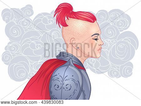 Portrait Of Beautiful Girl With A Sword. Female Knight In Armour. Vector Illustration. Medieval Aest