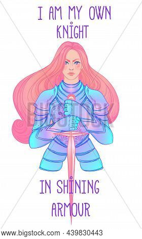 .portrait Of Beautiful Girl With A Sword. Female Knight In Armour. Vector Illustration. Medieval Aes