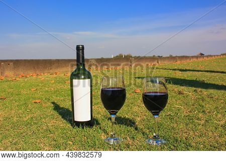 Selective Focus To Wine Bottle Close Up With White Label And Glasses With Red Wine On Lawn Against B